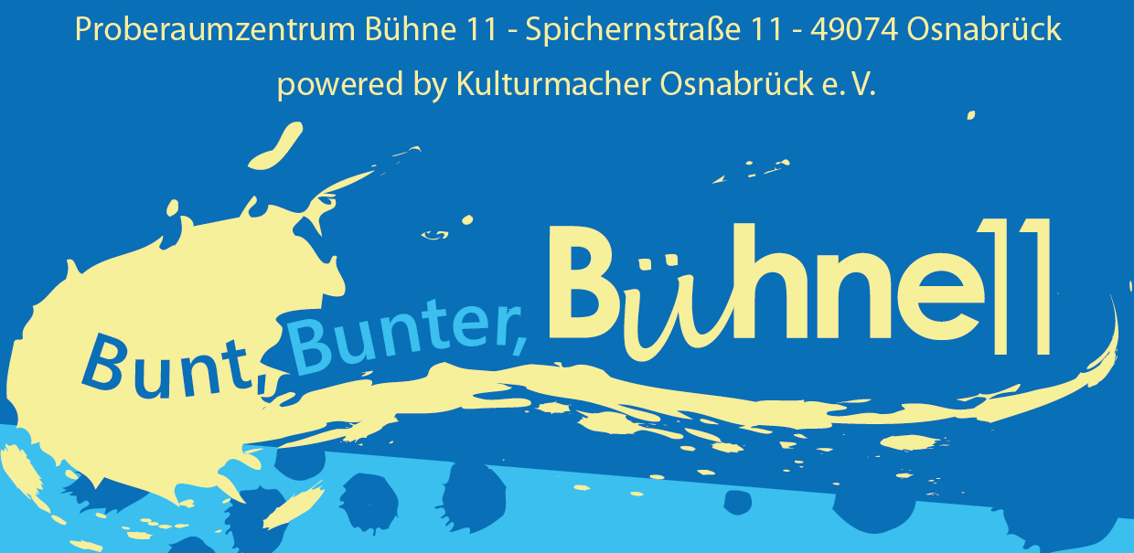 Logo in Blau und Gelb; Bunt, Bunter, Bühne 11, Proberaumzentrum Bühne 11, Spichernstr. 11, Osnabrück